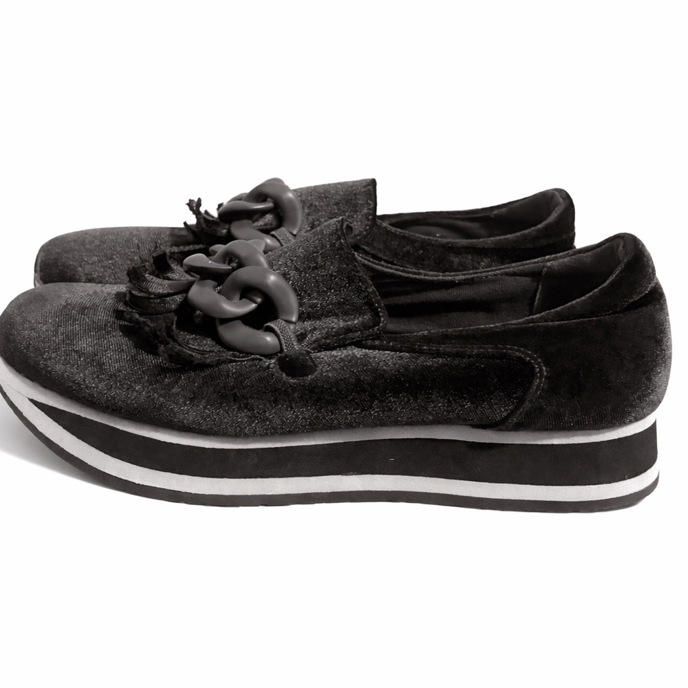 Black Velvet Platform Mules with Chain Tassel Detail